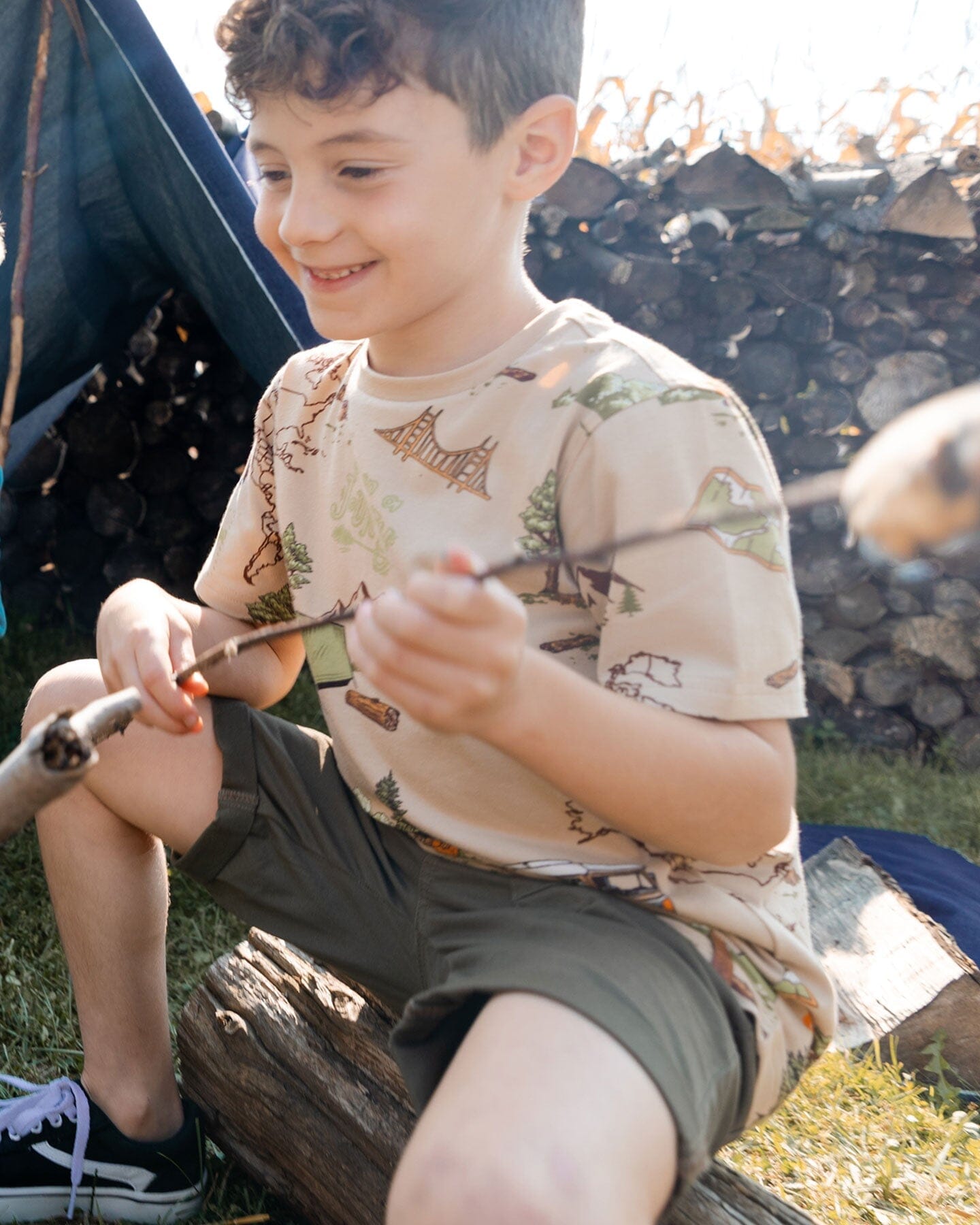 Printed Organic Cotton Tee Camping Beige-2