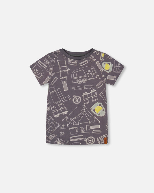 Printed Organic Cotton Tee Grayish Blue And Camping-0