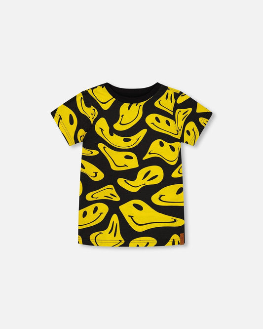 Printed Organic Cotton Tee Black And Yellow Smile-0