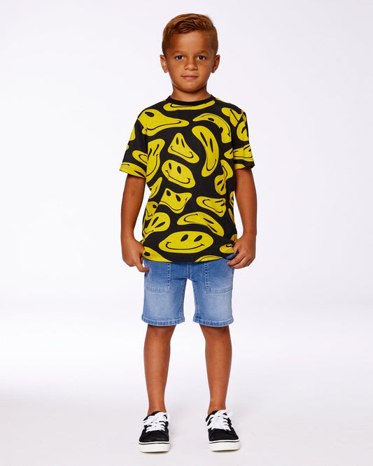Printed Organic Cotton Tee Black And Yellow Smile-1