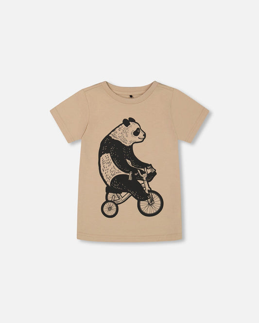 Organic Cotton Graphic Tee Black Panda On Beige Background-0