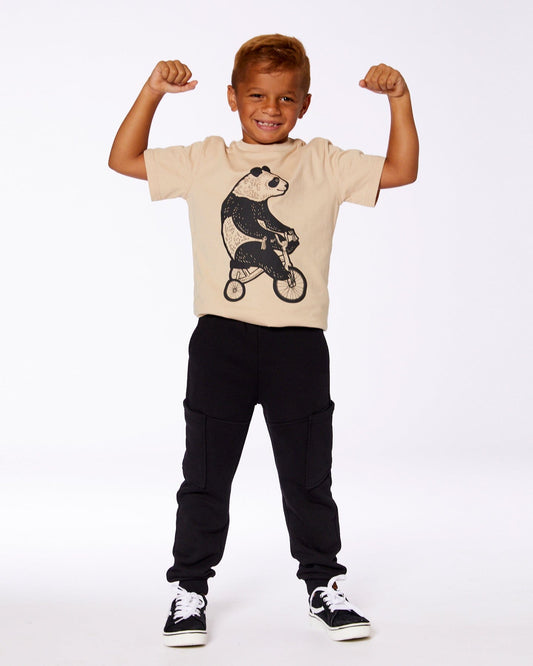 Organic Cotton Graphic Tee Black Panda On Beige Background-1
