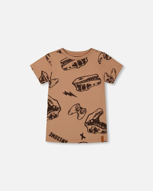 Printed Organic Cotton Tee Beige And Black Dinos-0