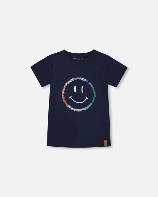 Organic Cotton Graphic Tee Smiling Navy Blue-0