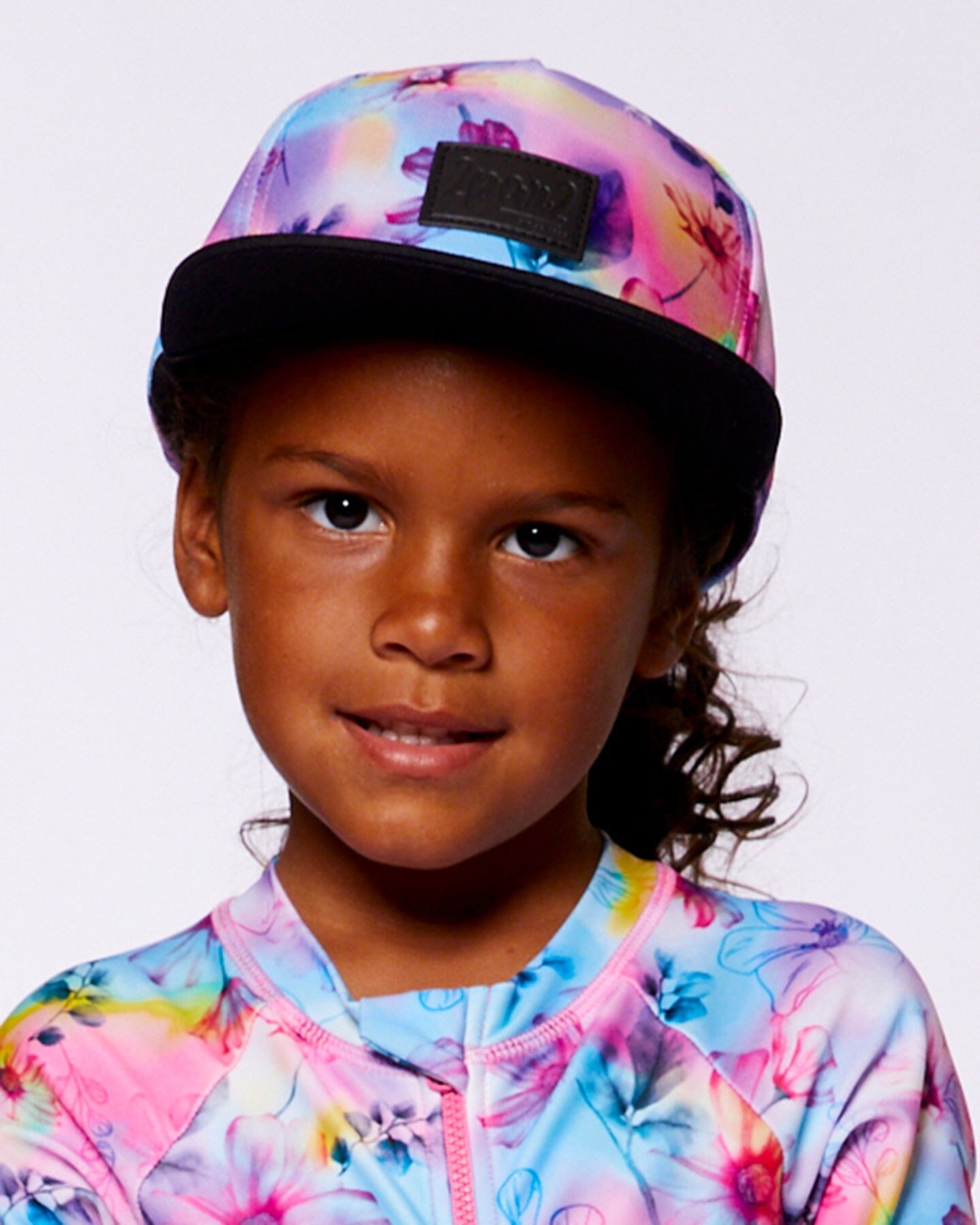 Printed Cap with Floral Print on Black and Multicolored Background-2
