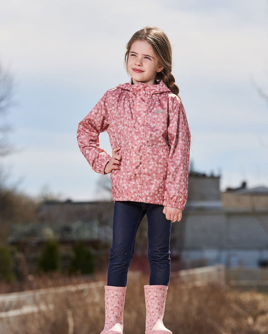 Printed Packable Windbreaker Small White Flowers On Pale Pink-1