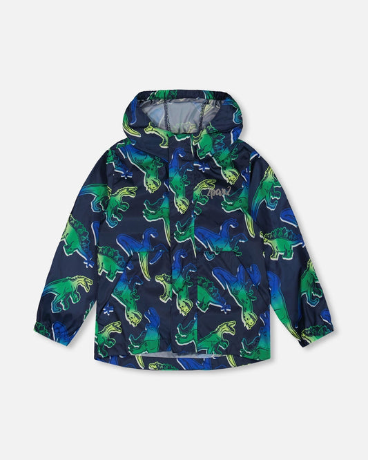 Printed Packable Windbreaker Blue And Green Dino On Navy-0