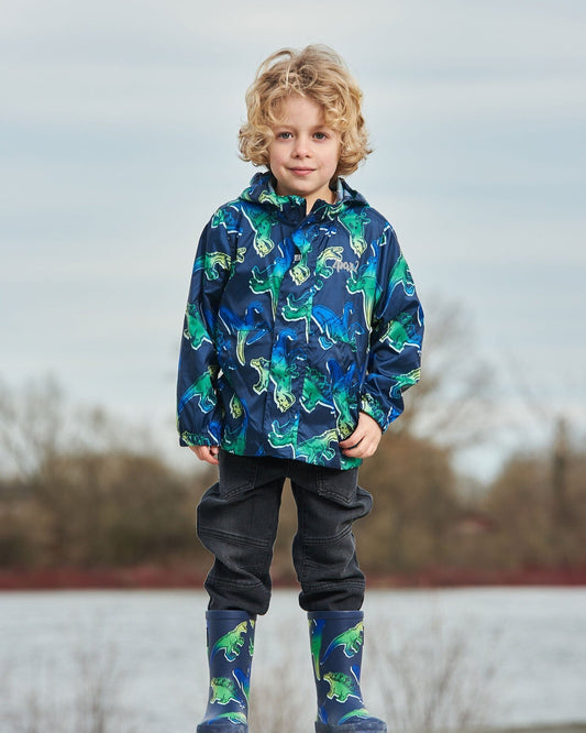 Printed Packable Windbreaker Blue And Green Dino On Navy-1