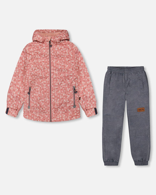 Printed Jacket Two-Piece Mid-Season Outerwear Set Small White Flowers On Pale Pink And Gray-0