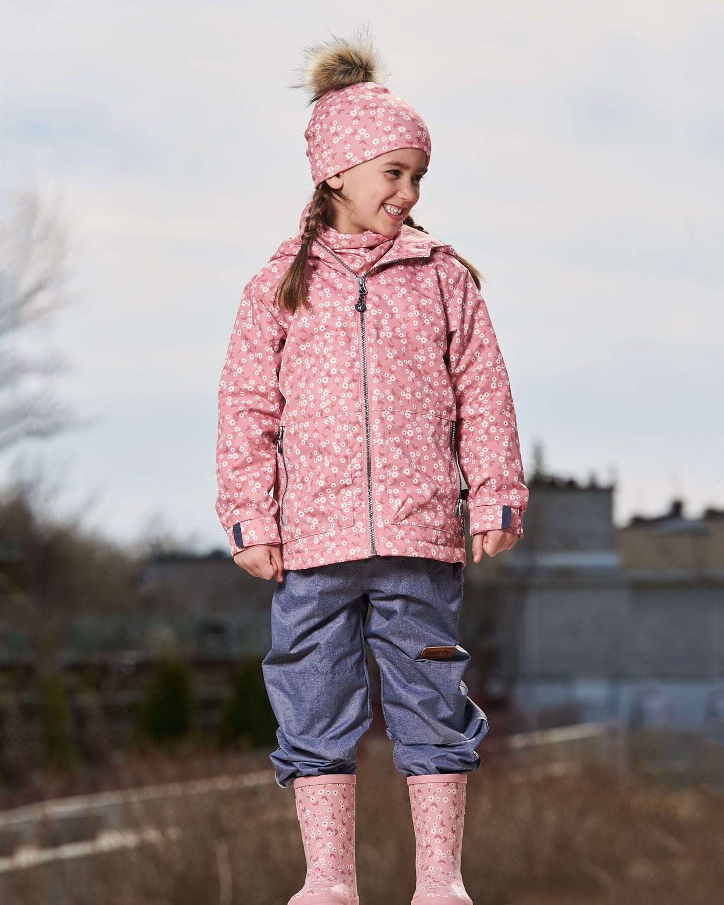 Printed Jacket Two-Piece Mid-Season Outerwear Set Small White Flowers On Pale Pink And Gray-4