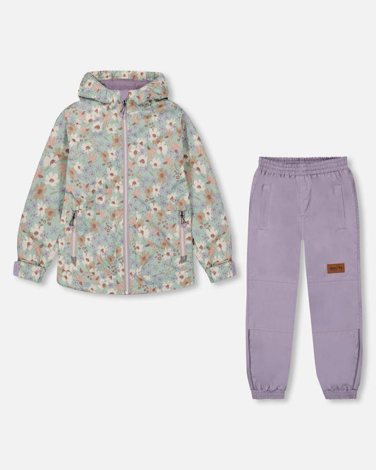 Printed Jacket Two-Piece Mid-Season Outerwear Set Small White Flowers On Turquoise And Lilac.-0