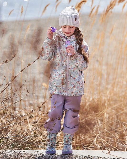 Printed Jacket Two-Piece Mid-Season Outerwear Set Small White Flowers On Turquoise And Lilac.-1