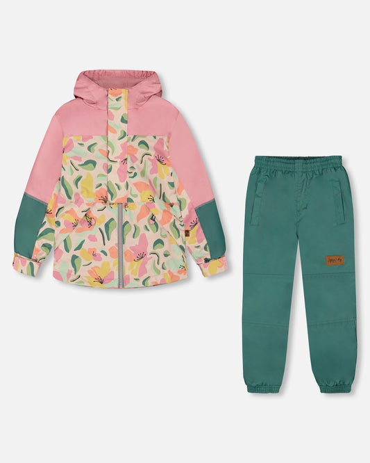 Two-Piece Mid-Season Outerwear Set Sage, Pink, And Flowers On Beige-0