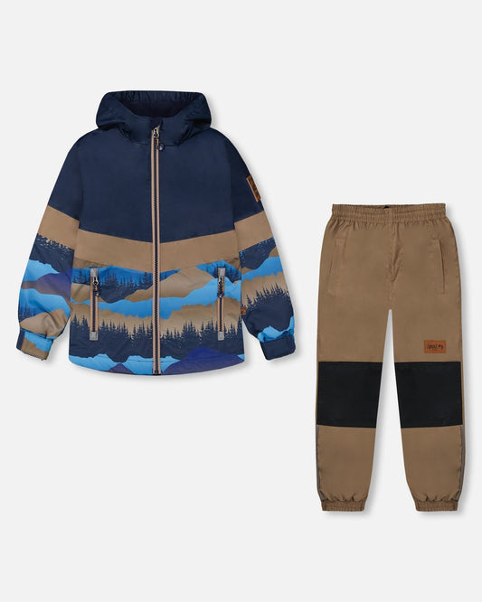 Colorblock Printed Two-Piece Mid-Season Outerwear Set Navy Blue Mountains And Taupe-0
