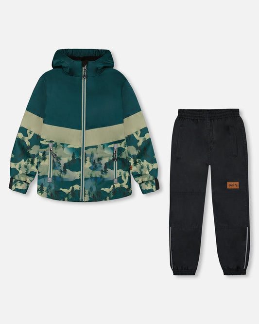 Colorblock Printed Two-Piece Mid-Season Outerwear Set Forest Green With Black Pines-0