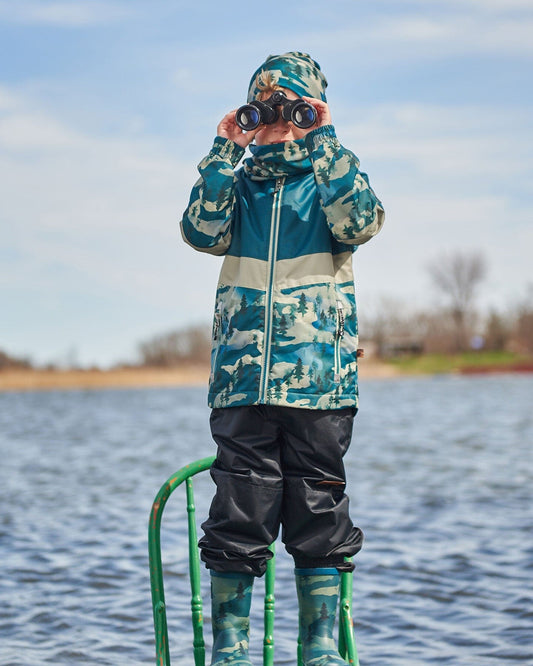 Colorblock Printed Two-Piece Mid-Season Outerwear Set Forest Green With Black Pines-1
