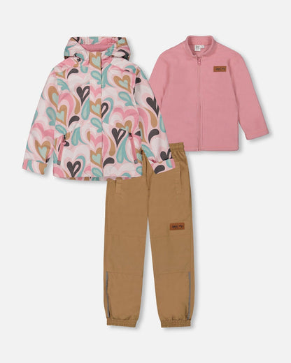 3-In-1 Mid-Season Outerwear Set With Printed Jacket Light Pink And Beige Pant-0