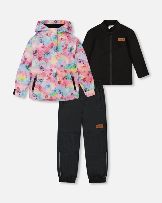 3-In-1 Mid-Season Outerwear Set With Printed Jacket Black And Multicolored Flowers-0