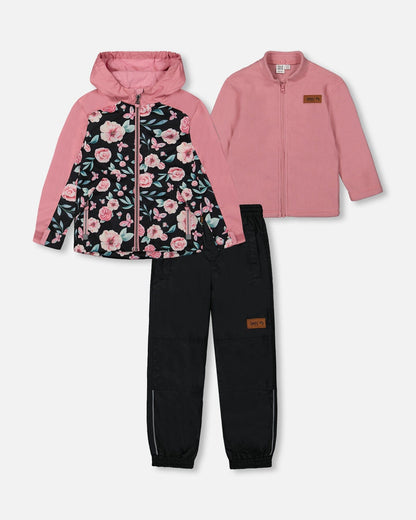 3-In-1 Mid-Season Outerwear Set With Printed Jacket Pink, Black, And Flowers-0