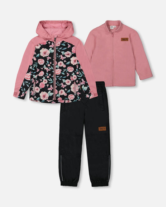 3-In-1 Mid-Season Outerwear Set With Printed Jacket Pink, Black, And Flowers-0