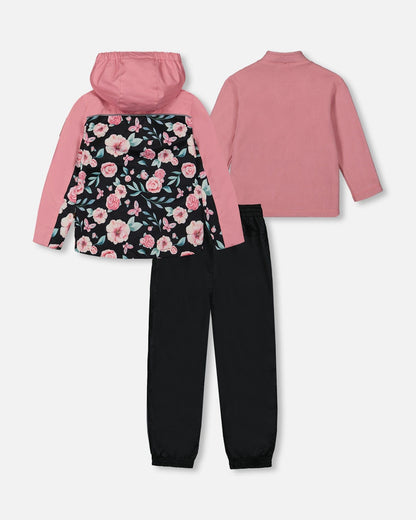 3-In-1 Mid-Season Outerwear Set With Printed Jacket Pink, Black, And Flowers-2