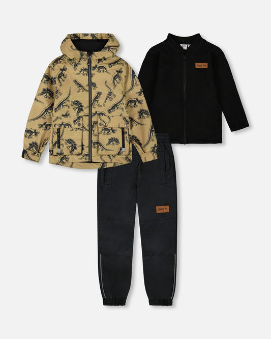 3-In-1 Mid-Season Outerwear Set Black Dinosaur On Beige Background-0