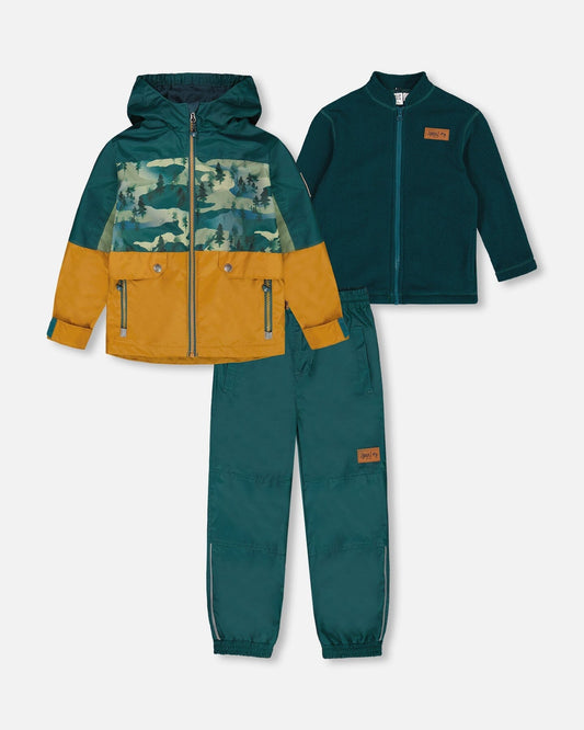 3-In-1 Mid-Season Outerwear Set With Colorblock Jacket Forest Green And Orange-0