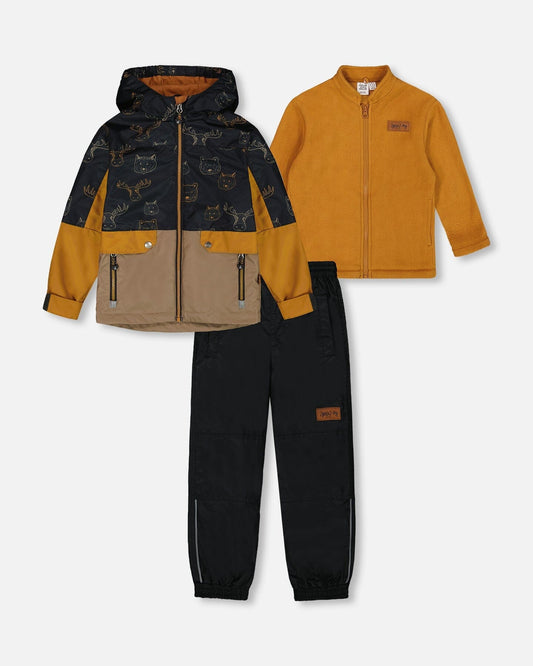 3-In-1 Mid-Season Outerwear Set With Colorblock Jacket Beige Animals On Black Background-0