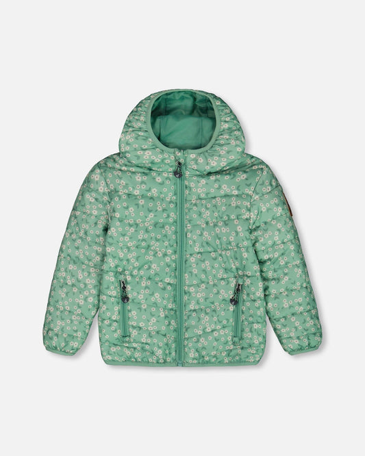 Printed Quilted Mid-Season Jacket Small White Flowers On Sage Green Background-0