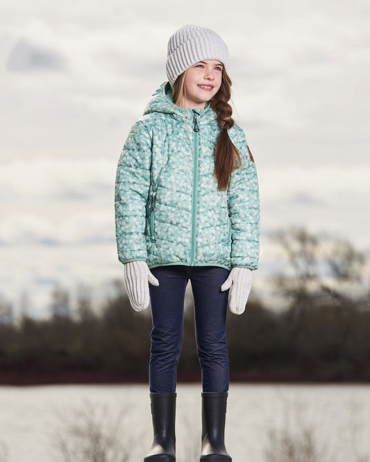 Printed Quilted Mid-Season Jacket Small White Flowers On Sage Green Background-1