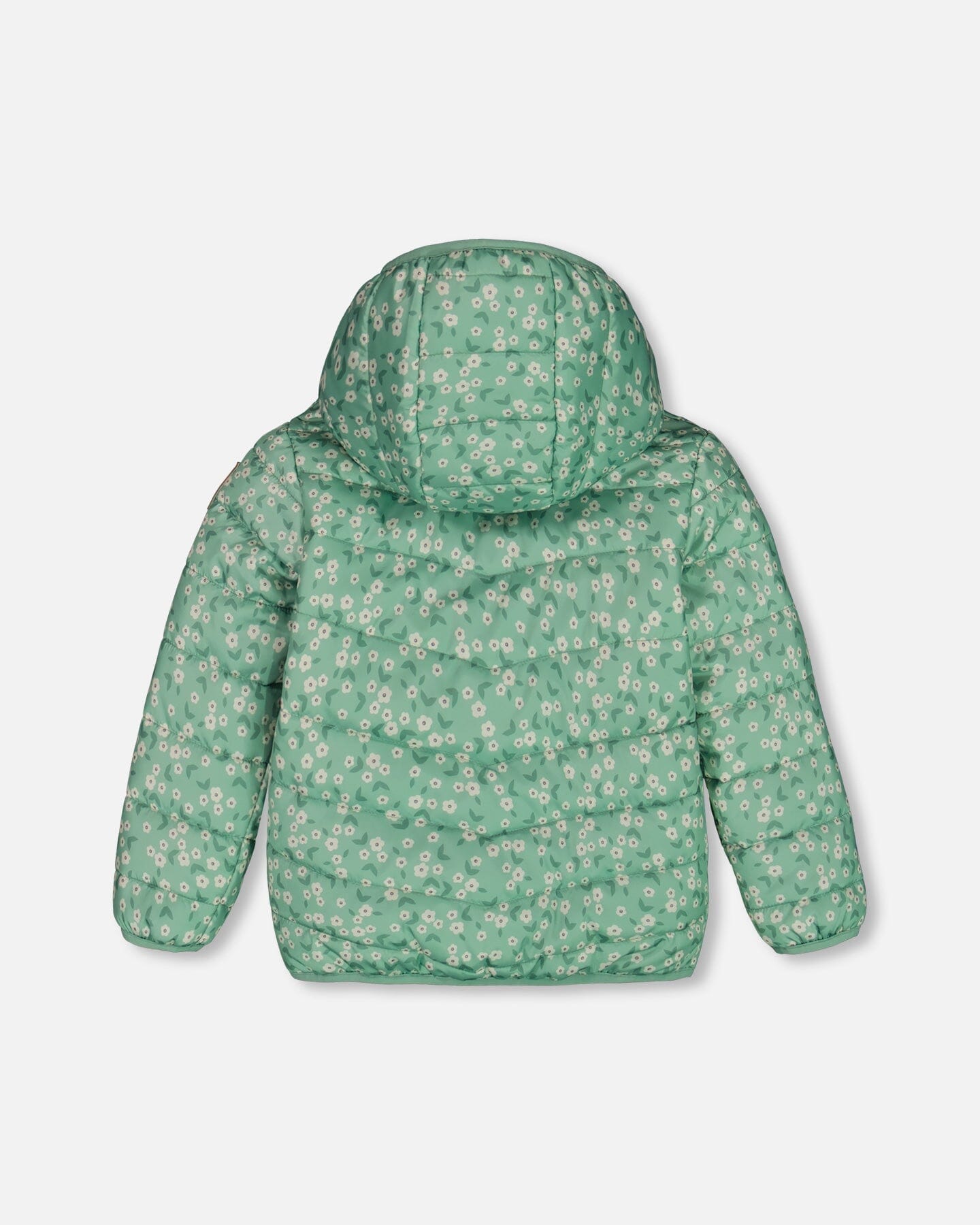 Printed Quilted Mid-Season Jacket Small White Flowers On Sage Green Background-2