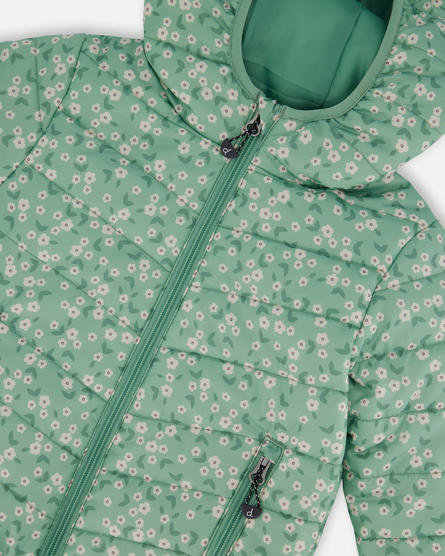Printed Quilted Mid-Season Jacket Small White Flowers On Sage Green Background-3