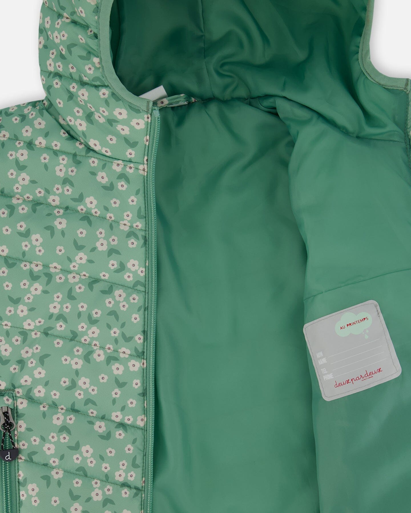 Printed Quilted Mid-Season Jacket Small White Flowers On Sage Green Background-4