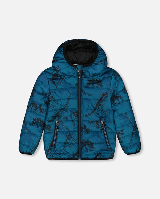 Printed Quilted Mid-Season Jacket Blue And Gray-0