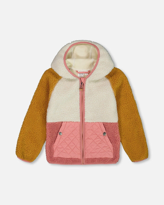 Sherpa Mid-Season Colorblock Jacket Orange, Off-White, And Old Pink-0