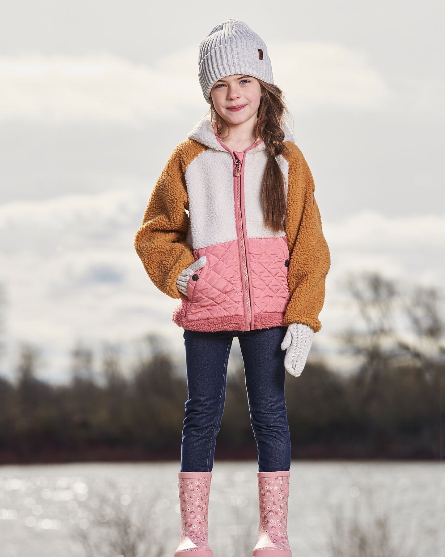 Sherpa Mid-Season Colorblock Jacket Orange, Off-White, And Old Pink-3