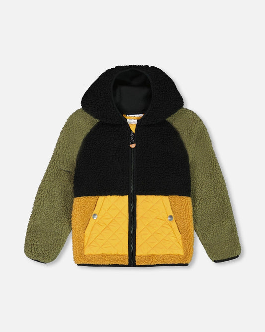 Sherpa Mid-Season Colorblock Jacket Black, Tan, And Olive Green-0