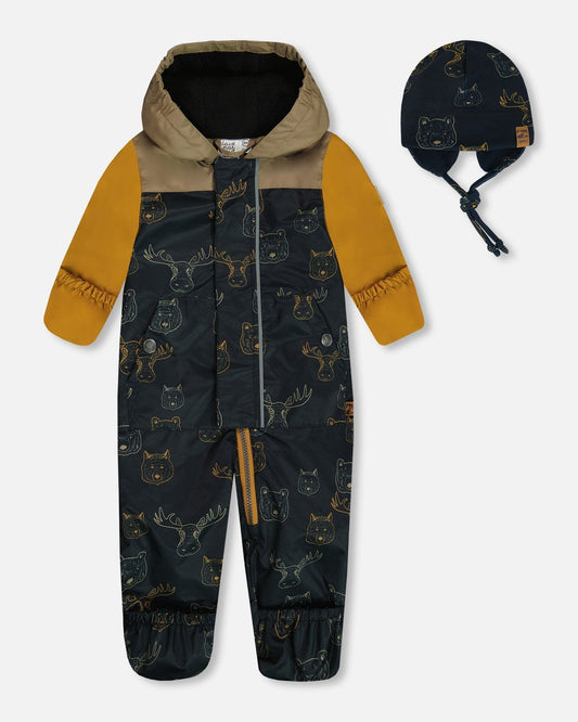 Baby Printed Mid-Season One-Piece Outerwear With Hat Beige Animals On Black Background-0