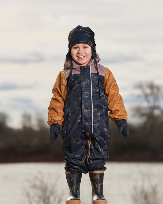 Baby Printed Mid-Season One-Piece Outerwear With Hat Beige Animals On Black Background-1