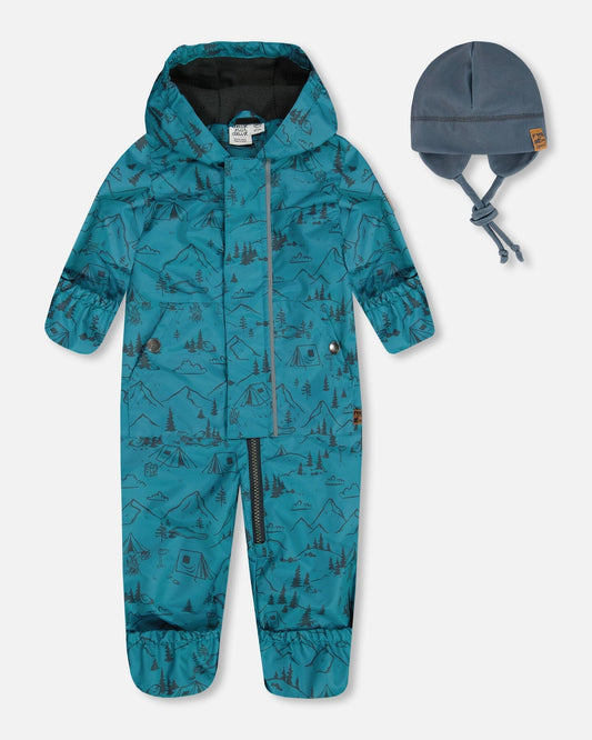 Baby Printed Mid-Season One-Piece Outerwear With Hat Blue And Gray-0