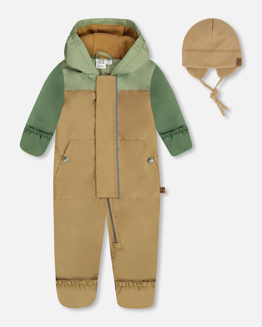 Baby Colorblock Mid-Season One-Piece Outerwear With Hat Pale Green, Sage, And Tan-0