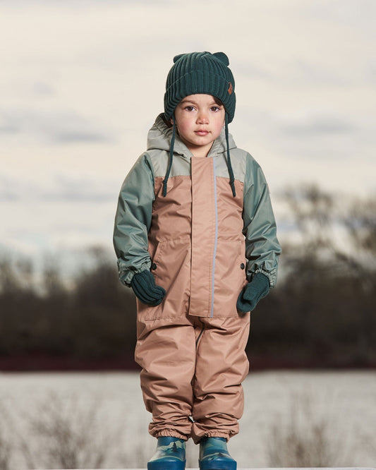 Baby Colorblock Mid-Season One-Piece Outerwear With Hat Pale Green, Sage, And Tan-1