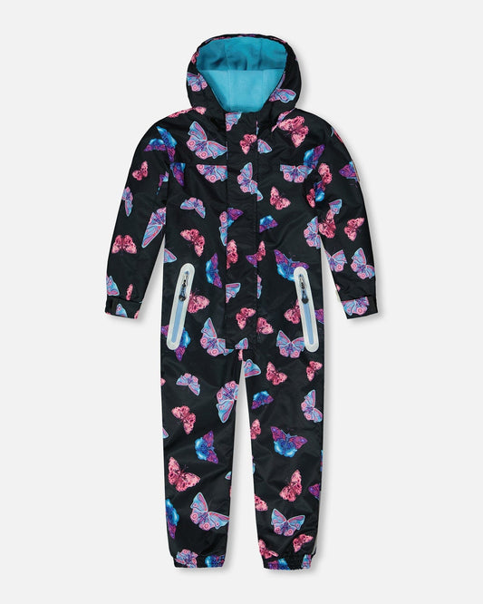 Printed Mid-Season One-Piece Outerwear Multicolored Butterflies On Black Background-0