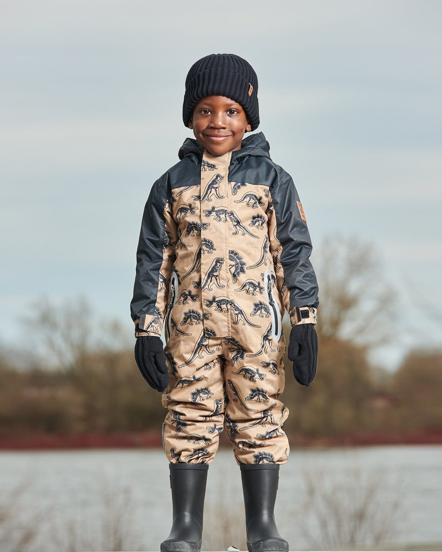 Printed Mid-Season One-Piece Outerwear Black Dinosaur On Beige Background-3