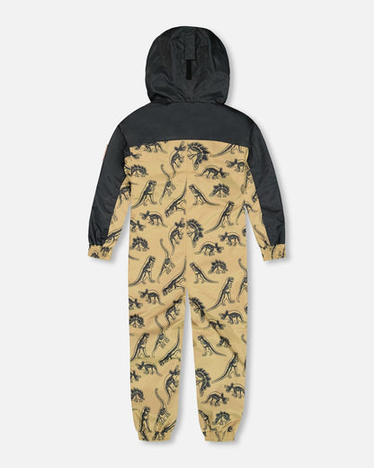 Printed Mid-Season One-Piece Outerwear Black Dinosaur On Beige Background-4