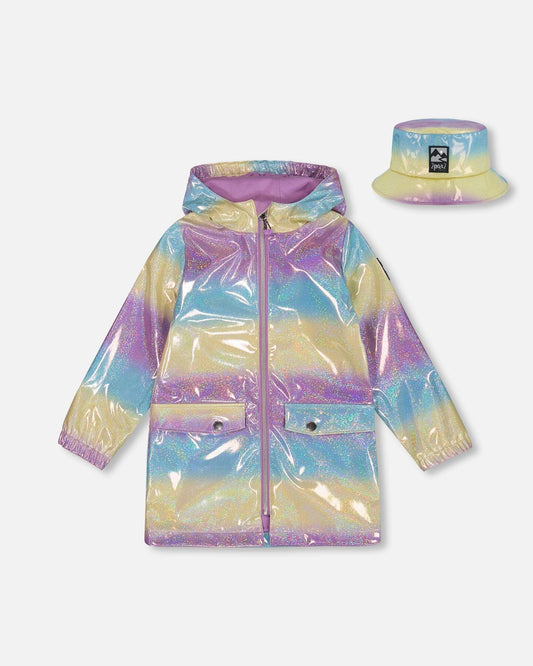 Printed Rain Coat With Hat Mauve Blue And Yellow Glitter Gradient-0
