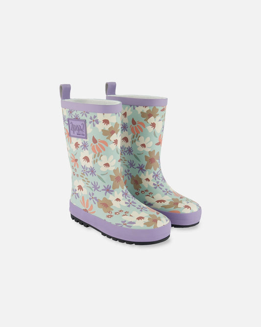 Printed Rain Boots Small White Flowers On Turquoise And Lilac-0