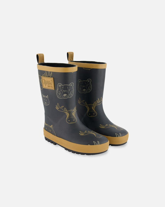 Printed Rain Boots Beige Animals On Black Background-0
