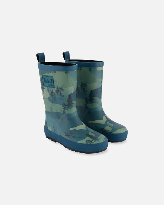 Printed Rain Boots Forest Green With Black Pines-0
