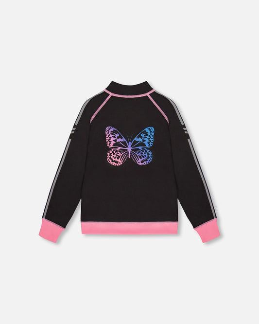 Printed Reversible Full Zip Athletic Cardigan Pink, Blue And Butterflies-0